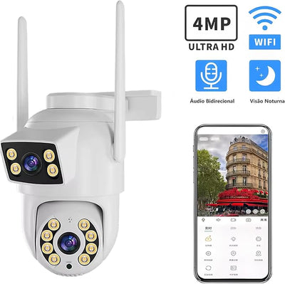 Câmera de Segurança Externa WiFi PTZ, 4MP, Dupla Lente, Visão Noturna Colorida, Áudio Bidirecional, Alarme Sonoro
