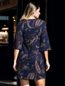 Vestido Curto Viscolycra Mangas Flare Paisley Azul