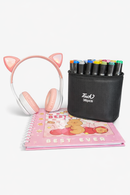 Kit Fone Gatinho + Livro + Canetinhas 36 Cores