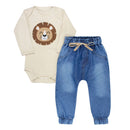 Conjunto Bebê Rei Das Selvas: Body Bege Suave E Calça Jeans