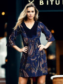 Vestido Curto Viscolycra Mangas Flare Paisley Azul