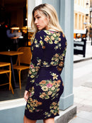 Vestido Curto Viscolycra Manga Longa Transpasse Floral