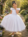 Vestido Infantil Longo Branco Busto Renda e Bordado Damas Luxo