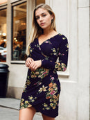 Vestido Curto Viscolycra Manga Longa Transpasse Floral