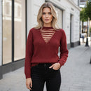 Blusa Tricot Canelado Manga Longa Decote Em V