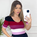 Cropped Tricot Modal Manga Curta Listras