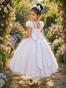 Vestido Infantil Longo Branco Busto Renda e Bordado Damas Luxo