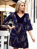 Vestido Curto Viscolycra Mangas Flare Paisley Azul