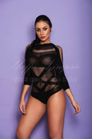 Body sensual manga longa sem decote com detalhes vazados em toda a peça - YAFFA Lingerie