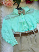 Conjunto Masculino Miss Cherry Social Verde Linho com Calça Bege Henrique