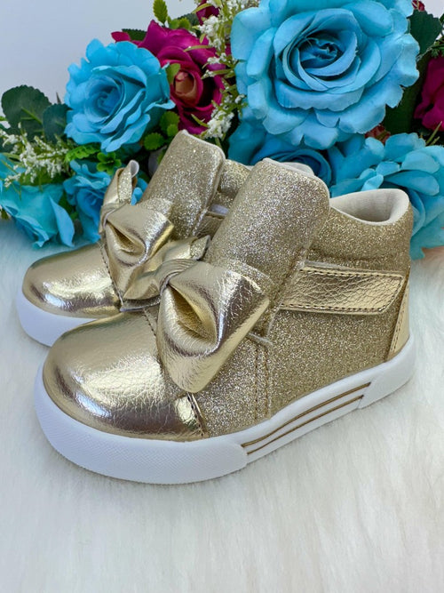 Tênis Bota Encanto de Criança Lacinho Dourado Glitter Rebeca