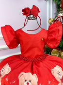 Vestido Banana Club Vermelho Ursinho Flores Natal