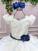 Vestido Lorenzetti Longo Branco Peito Rendado Cinto Azul Marinho