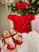 Vestido Juvenil - Midi Vila Lele Sabrina Vermelho e Off