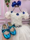 Vestido Lorenzetti Longo Off Detalhes Azul Marinho