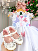 Vestido Marie Branco Jardim Encantado Laço Borboletas Coloridas