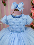 Vestido Menina Bonita Azul Bebe Florzinha Peito Tule