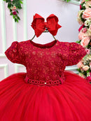 Vestido Menina Bonita Vermelho Peito Renda Flores