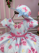 Vestido Miss Cherry Chapeu Azul Bebe Flores e Borboletas