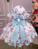 Vestido Miss Cherry Chapeu Azul Bebe Flores e Borboletas
