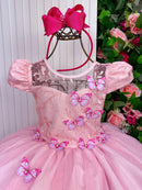 Vestido Vila Lele Longo Jardim Encantado Borboletas Rosa Bebe