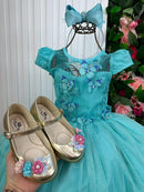 Vestido Vila Lele Longo Jardim Encantado Borboletas Verde Tiffany