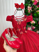 Vestido Vila Lele Longo Jardim Encantado Borboletas Vermelho