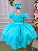 Vestido Ysa Kids Azul Tiffany Peito Perolas