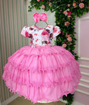 Vestido Menina Bonita Gisele Peito Florido Rosa Chiclete