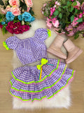 Conjunto Junino Banana Club Luxo Sofia Xadrez Lilas