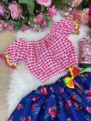Conjunto Junino Banana Club Luxo Mirela Saia Florida Azul