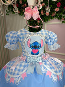 Vestido Junino Tematico Luxo Lilo Stitch Azul Bebe