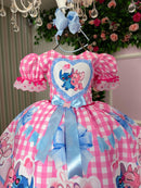 Vestido Junino Tematico Luxo Lilo Stitch Rosa Bebe