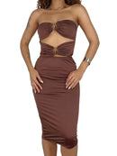 Vestido Feminino Midi em Suplex Sem Alça com Recorte Duplo e Argolas Samira Ref. 1394
