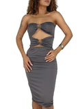 Vestido Feminino Midi em Suplex Sem Alça com Recorte Duplo e Argolas Samira Ref. 1394