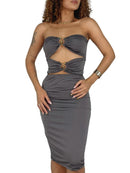 Vestido Feminino Midi em Suplex Sem Alça com Recorte Duplo e Argolas Samira Ref. 1394