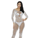 Macacão Sensual longo Arrastão e Renda com Alça Branco - Eva Intimate