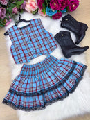 Conjunto Junino Miss Cherry Melissa Xadrez Azul Bebe