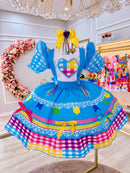 Vestido Infantil Junino Festas Azul Claro Colorido Luxo