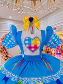 Vestido Infantil Junino Festas Azul Claro Colorido Luxo