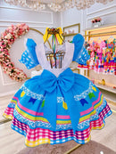 Vestido Infantil Junino Festas Azul Claro Colorido Luxo