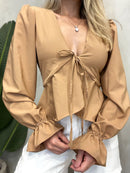 Blusa Feminina Manga Longa em Crepe Boho Chic com Amarração Luiza Ref. 1433