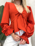Blusa Feminina Manga Longa em Crepe Boho Chic com Amarração Luiza Ref. 1433