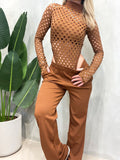 Conjunto Feminino Body Arrastão Cavado Manga Longa e Calça Flare Dayara Ref. 1480