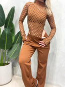 Conjunto Feminino Body Arrastão Cavado Manga Longa e Calça Flare Dayara Ref. 1480