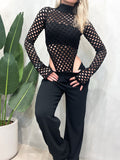 Conjunto Feminino Body Arrastão Cavado Manga Longa e Calça Flare Dayara Ref. 1480
