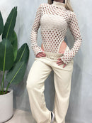 Conjunto Feminino Body Arrastão Cavado Manga Longa e Calça Flare Dayara Ref. 1480