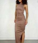 Vestido Feminino Longo em Suplex Regata Franzido com Fenda Tairine Ref. 1360
