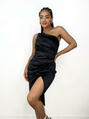Vestido Feminino Midi em Prada Acetinado Ombro Único Transpassado Anely Ref. 1328