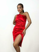 Vestido Feminino Midi em Prada Acetinado Ombro Único Transpassado Anely Ref. 1328